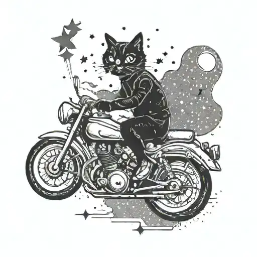 A Mysterious Black Cat Riding A Vintage Motorcycle Through A Starry Night Sky