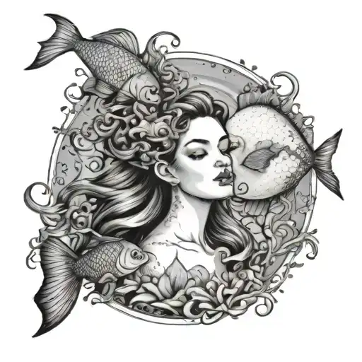 A Mystical Underwater Scene Featuring Pisces Fish Swimming Around A Portrait Of Mi Hija Angela