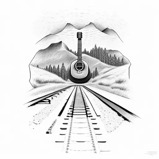 Guitar With A Train On A Railway Track Behind It