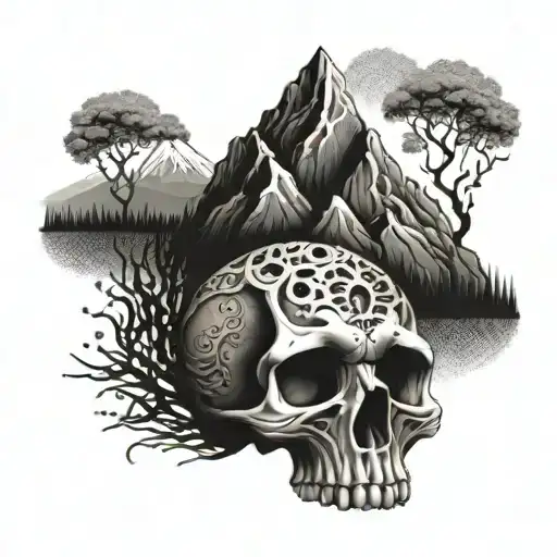 A Skull Made Of Fish Bones With A Mountain Landscape In The Background