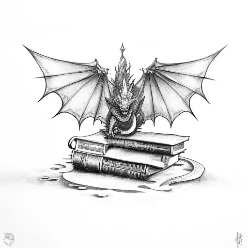 A Bookshelf Filled With Fantasy Novels And A Dragon Perched On Top