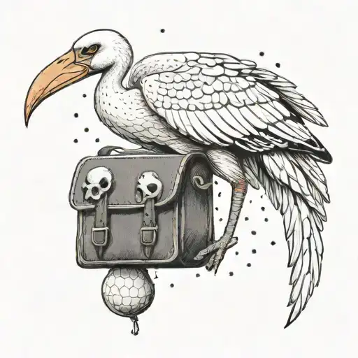 A White Stork Carrying A Skull In A Satchel Like It's A Baby