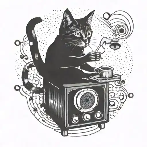A Minimalist Tattoo Design Of A Cat Playing A Vintage Record Player