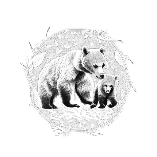Mother And Bear Cub In A Leaf Circle