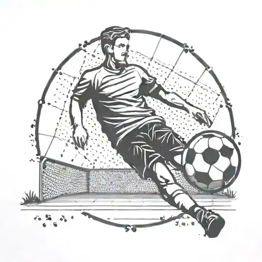A Dotwork Tattoo Of A Soccer Field With A Small Figure Representing Your Son Scoring A Goal