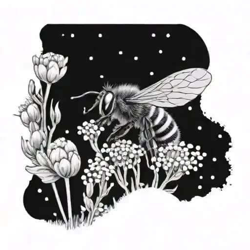 A Dotwork Design Of A Bee Flying Among A Field Of Wildflowers