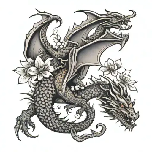 Dragon With Orange Blossoms And Cherry Blossoms