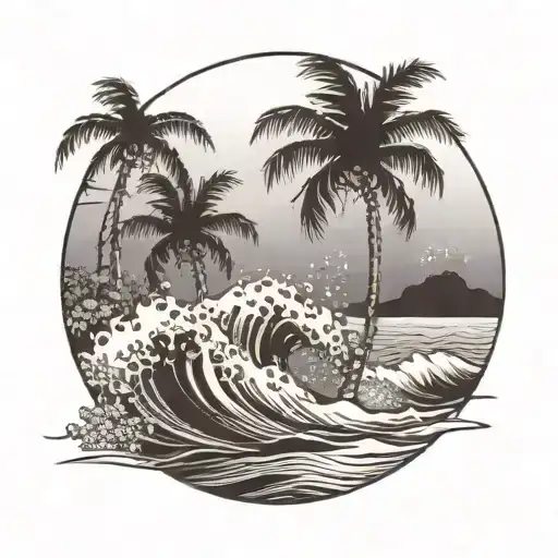 A Serene Beach Scene With Palm Trees And A Perfect Wave Breaking In The Background