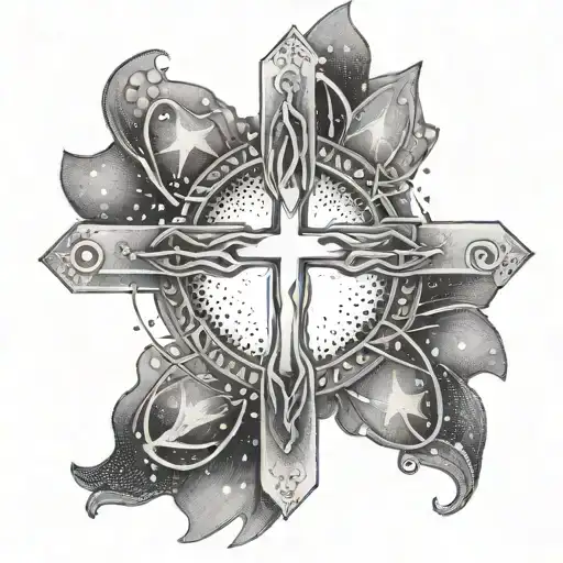 A Dotwork Tattoo Of A Cross Intertwined With Aries Constellation Stars