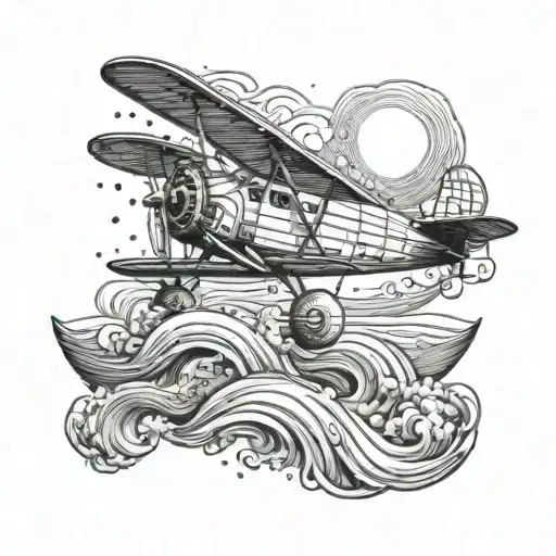 An Intricate Design Of A Vintage Airplane Flying Over A Vast Ocean With Waves Crashing Below