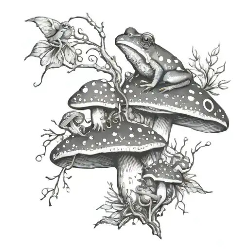 Mushrooms And Beautiful Branches With Frogs