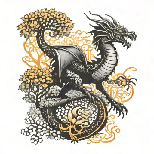 A Black Tattoo Of A Dragon Weaving Through A Forest Of Orange Trees