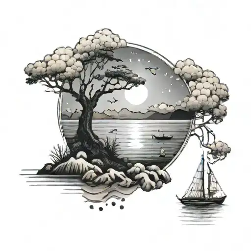 A Dreamy Landscape Tattoo Featuring A Calm Ocean Scene