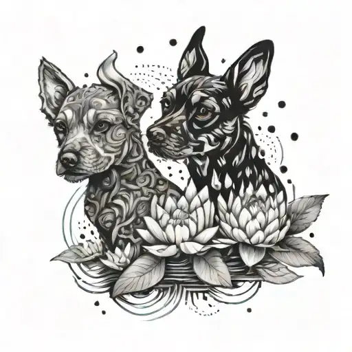An Intricate Tattoo Design Combining Water Lilies And Dogs In A Whimsical And Playful Composition