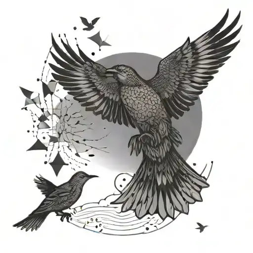 Birds Flying Towards The Setting Sun With Intricate Geometric Patterns