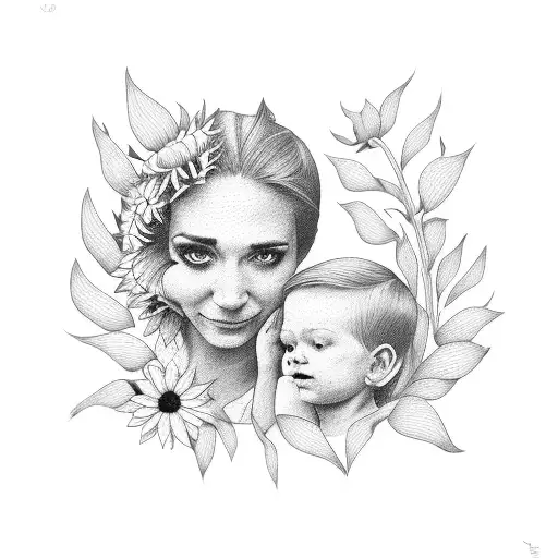 A Playful Depiction Of A Mom And Her Child Surrounded By Sunflowers Chest Piece
