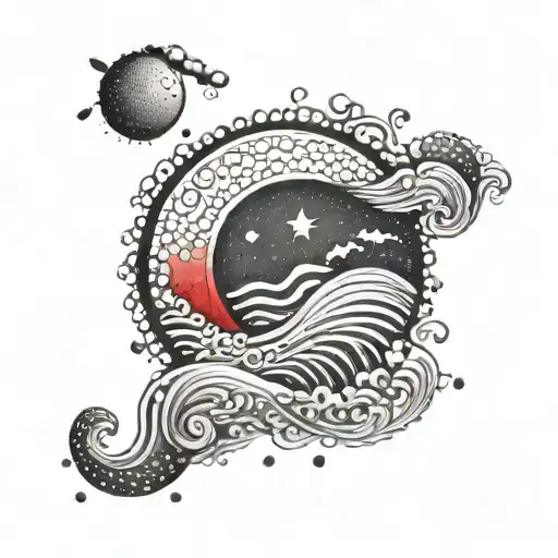 Red Crescent Moon With Waves