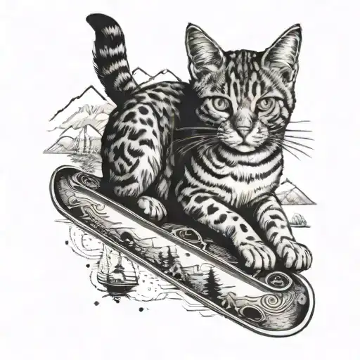 A Detailed Tattoo Of A Cat Lounging On A Ski With Oregon's Landscape In The Background