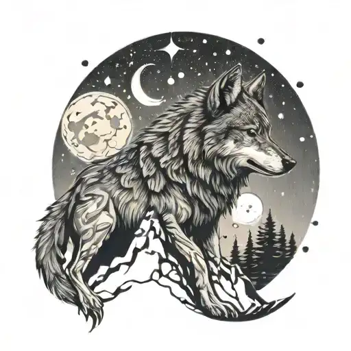 Wolf Howling At The Moon With Firefighter Tools Scattered Around
