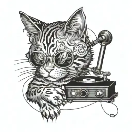 A Tattoo Design Of A Cat Smoking A Cigarette While Listening To Music On A Vinyl Record Player