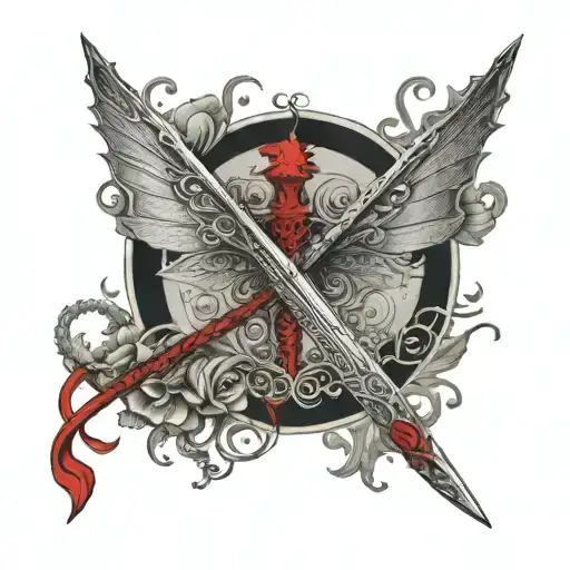 Sword With Red Dragon Tatoo With Butterfly Background Fine Line
