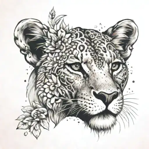 An Ornamental Lioness Portrait With Fleur Accents And Delicate Linework Details
