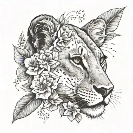 A Lioness Portrait With Flowers Accents And Delicate Linework Details Ornemental