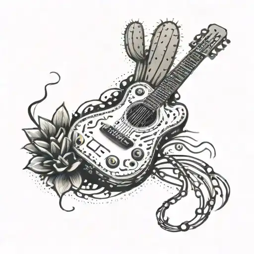 A Cactus Plant Shaped Like A Guitar With Metal Music Symbols As Its Thorns