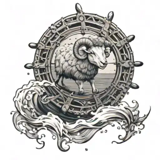 A Sheep Steering A Ship's Wheel With Waves Crashing In The Background