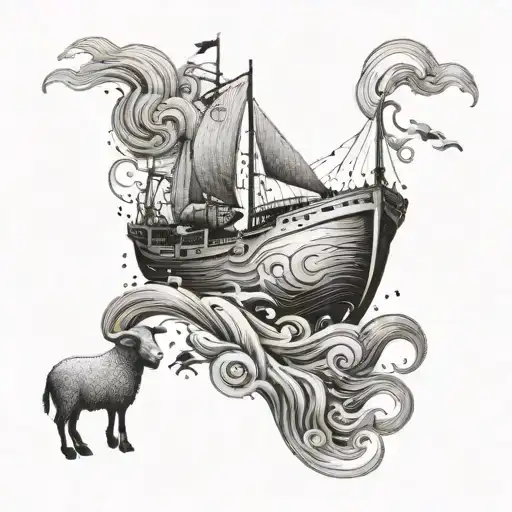 An Abstract Representation Of A Ship And Waves Incorporating Sheep Motifs