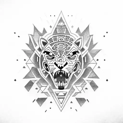 Aztec Jaguar Warrior And Pyramid