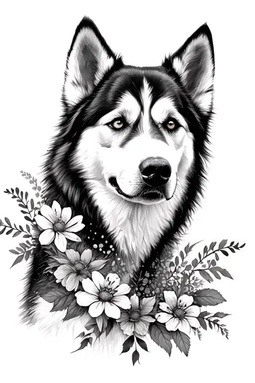 Siberian Husky With Flowers