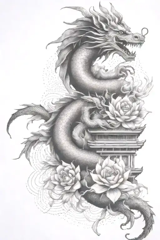 Flowers With Chinese Dragon And Abstract Architecture