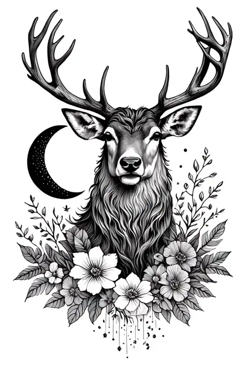 Hirsch With Moon In The Antlers And Flowers Mystical Tattoo Dotwork