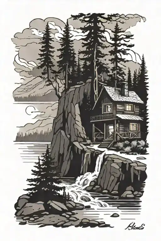Cabin Beside A Raging River In A Forest Below A Mountain