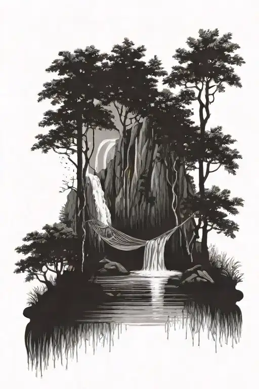 A Hammock In The Woods Beside A Raging River With A Majestic Waterfall