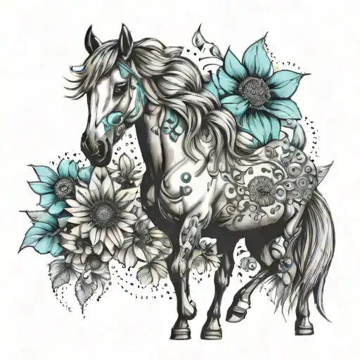 Horse With Sunflowers And Turquoise Stones