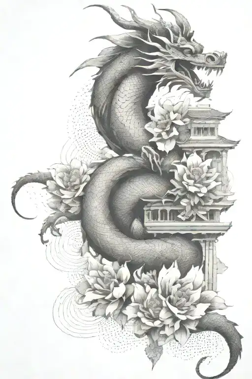 Flowers With Chinese Dragon Wrapped Behind And Abstract Architecture