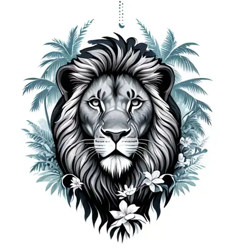 A Lion Over An Ocean With Palm Trees And Flowers Surrounding