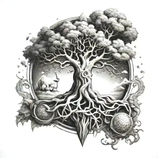 Yggdrasil Con Runas Y Mjolnir Entre Las Raices