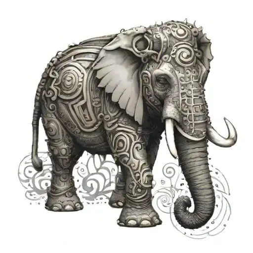 A Tattoo Of A War Elephant Adorned With Anime-inspired Armor And Symbols Of Music And Gym Equipment