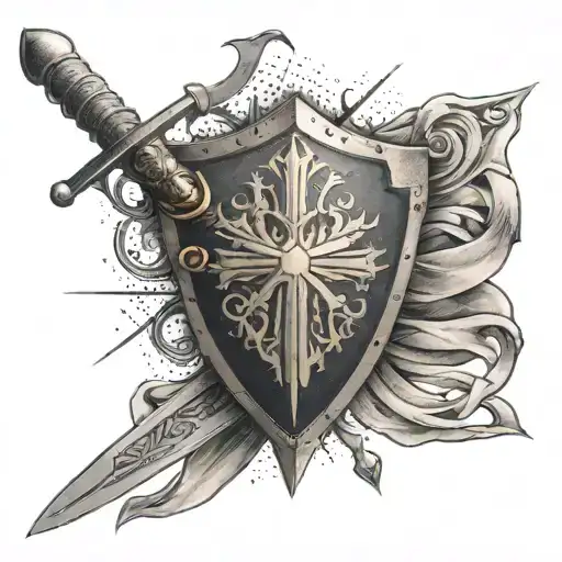 Integrate A Sword And Shield With Christian Scriptures Written On Them