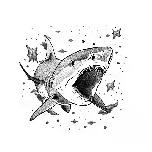 A Shark Swimming Through A Field Of Stars In The Deep Sea