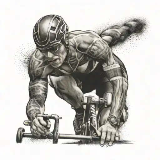 Triathlete Crossing The Ironman Finish Line With A Tool In Hand