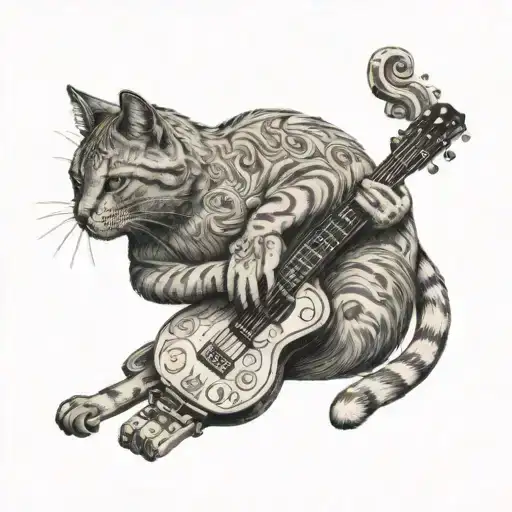 A Cat Playing A Guitar Surrounded By Musical Notes And Art Supplies