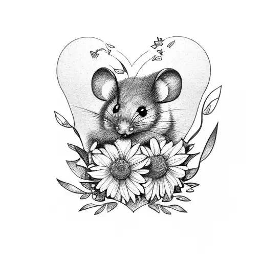 Little Mouse And Butterfly Inside In Heart Shaped Grass And Flowers
