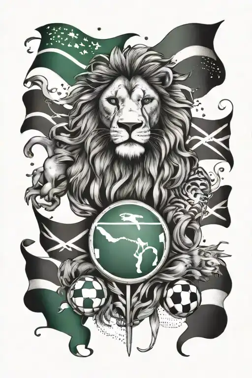 Zambia Flag Intertwined With Football Elements And African Wildlife Like Lions And Elephants