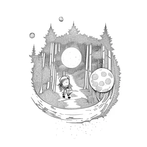 A Kid Walking In A Forest With A Moon