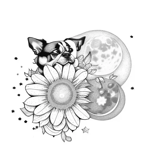 Flower With Dogs And Moon And Stars And Butterfly