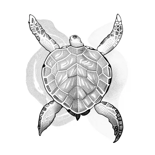 An Intricate Blackwork Design Of A Sea Turtle Swimming Through Crashing Waves